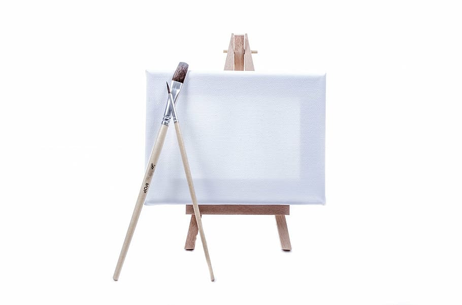 white, paint canvass, easel, two, paintbrushes, paintings, stand, artist, isolated, billboard