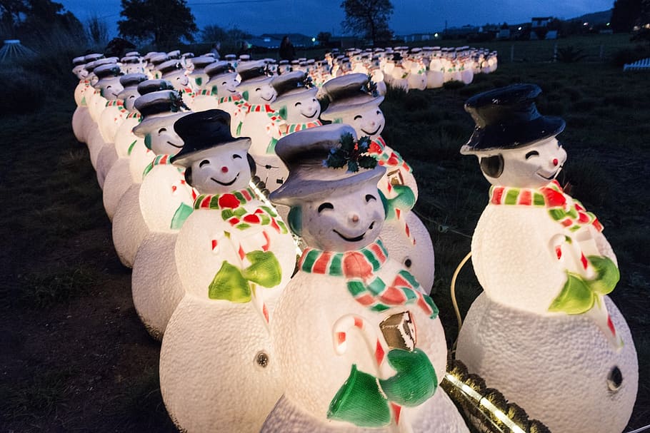 decorative snowmen, christmas, holiday, season, merry, decorative, fun, celebration, night, lights