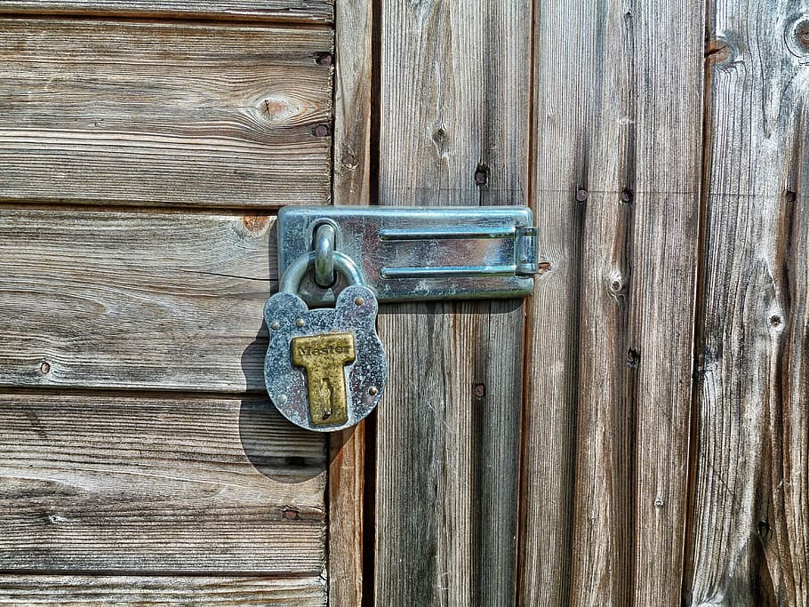 gray, brass-colored, locked, padlock, garden shed, latch, lock, building, storage, wood
