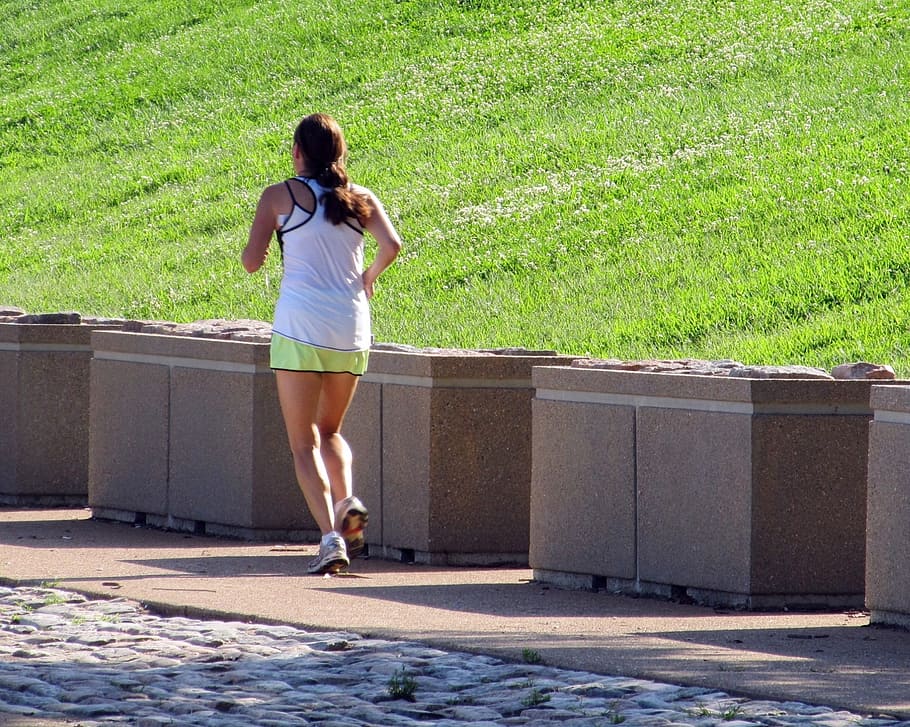 woman, running, brown, concrete, obstacles, jogger, jogging, fitness, exercise, run