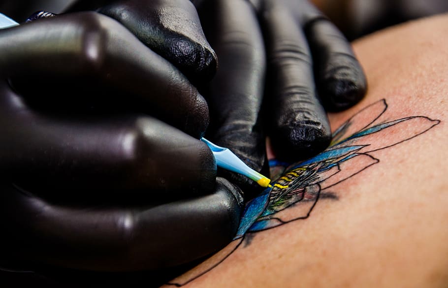 person putting tattoo, tattoo artist, tatoo, drawing, lotus flower, close-up, human body part, human hand, hand, people