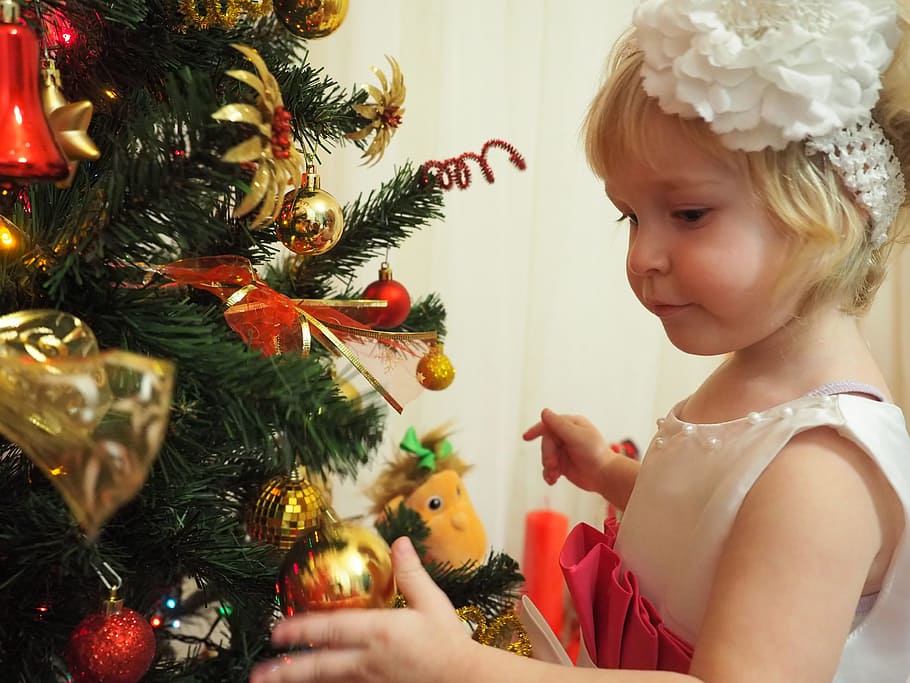 gadis, memegang, perhiasan, pohon natal, liburan, malam tahun baru, mainan pohon natal, ornamen, hadiah, natal
