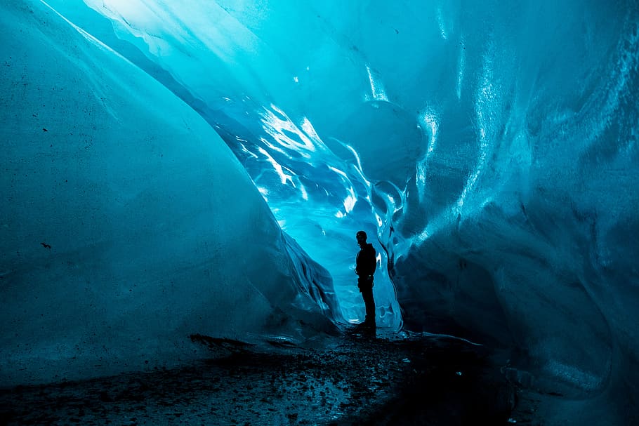 ice, dark, blue, people, man, alone, cave, water, nature, one person