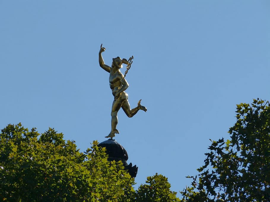 hombre, sosteniendo, estatua del personal, Stuttgart, estatua, bronce, cobre, hermes, griego, dios