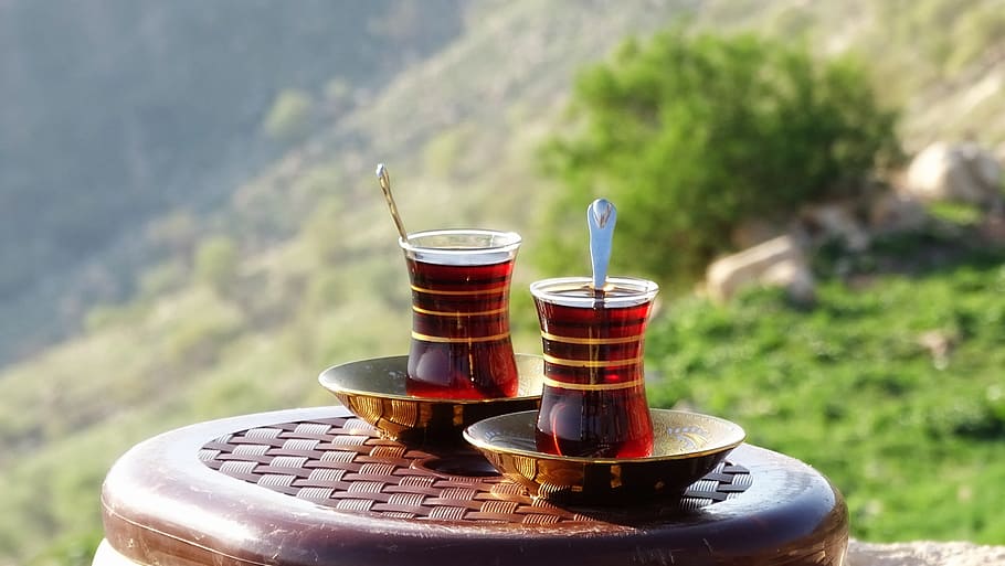 two, turkish teaglass, tabletop, kurdistan, iraq, tea, mountain, nature, ride, landscape