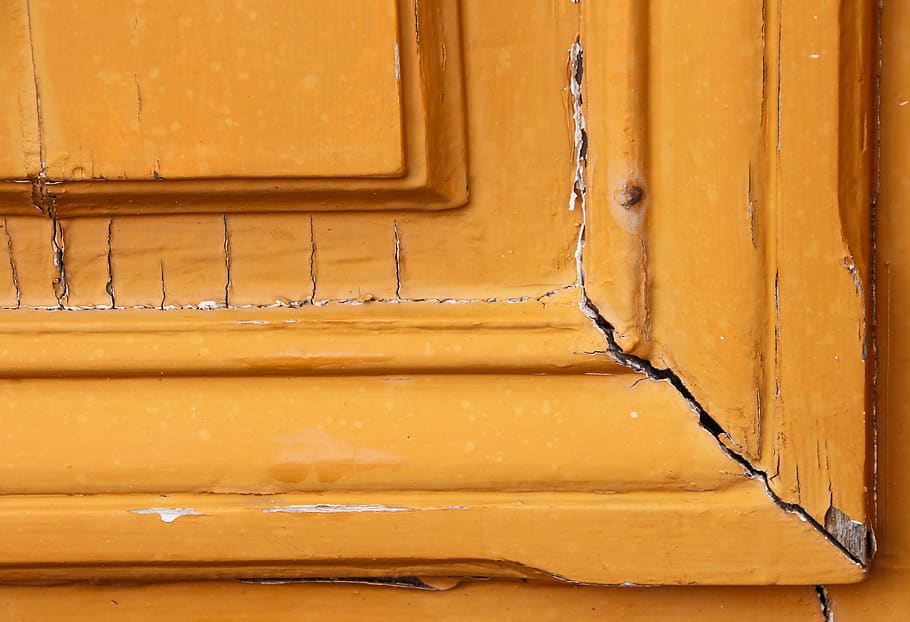 wood, door, paint, orange, weathered, flaked off, color, cracks, gap, old
