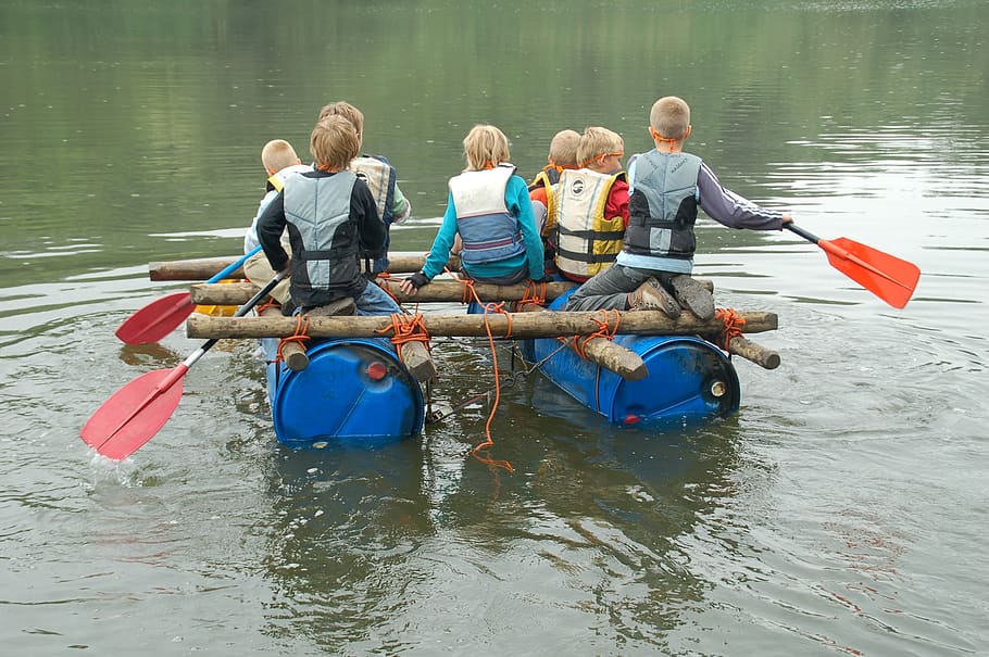 water, child, fun, people, kayak, group, paddles, paddle, boating, nautical vessel