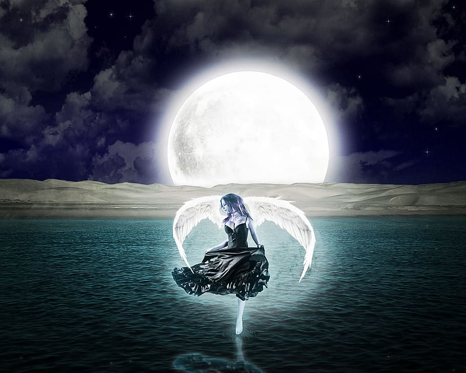 woman with wings, angel, female, wing, fantasy, serene, full moon, cloud - sky, one person, futuristic
