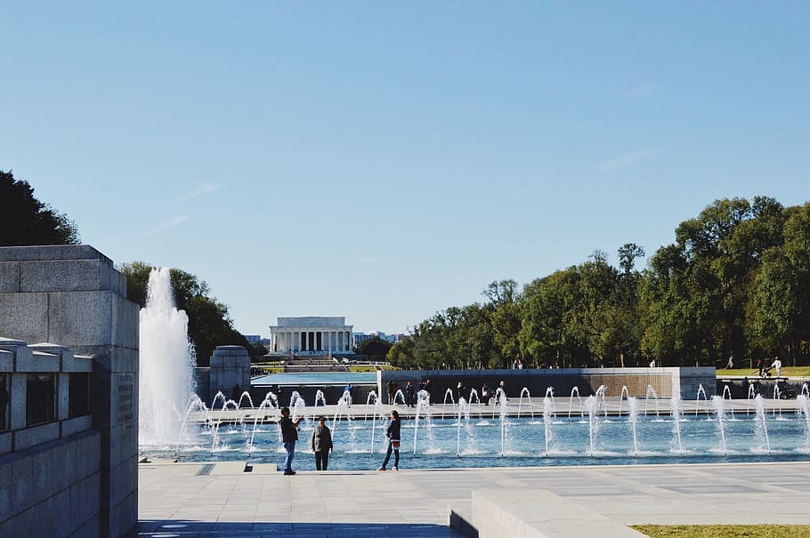 リンカーン記念館, ワシントンdc, 第二次世界大戦記念碑, 噴水, 都市, 建築, 構築された構造, 空, 建物の外観, 木