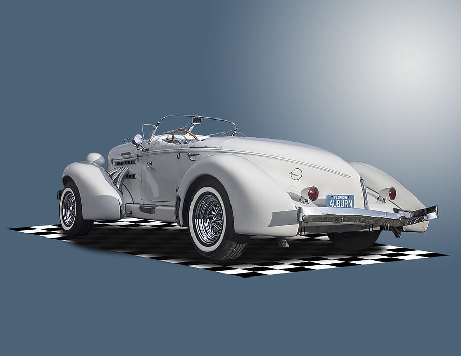 años treinta, auto clásico, auto de colección, castaño, cola de bote, réplica, kit de auto, paredes blancas, radios, descapotable