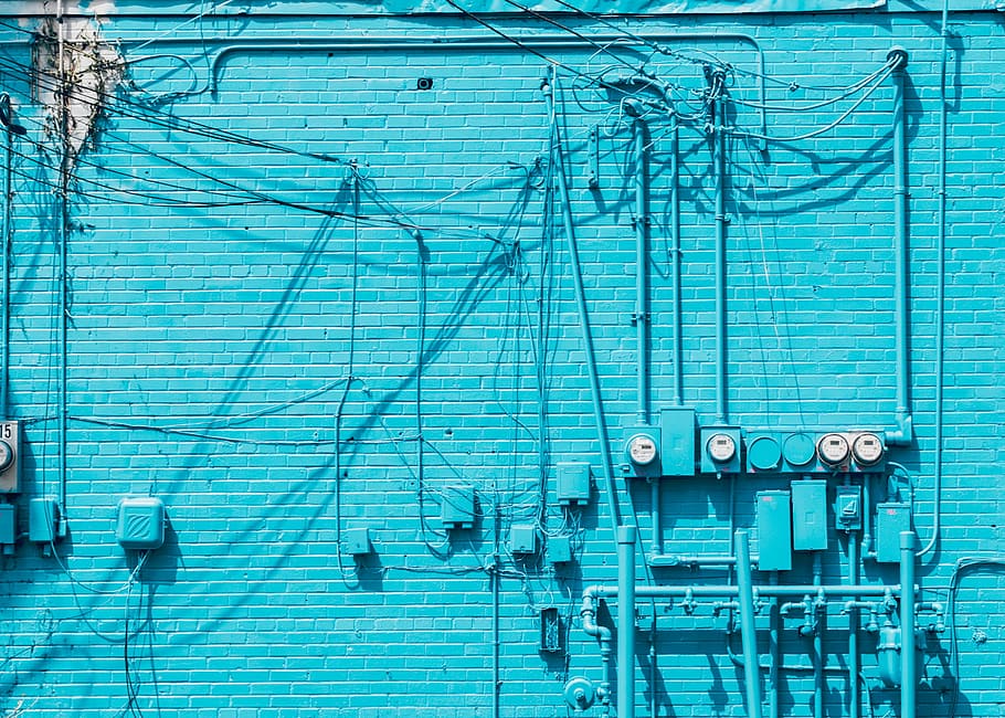 azul, pintado, pared, electricidad, cableado, edificios, ladrillos, tuberías, medidores, tecnología