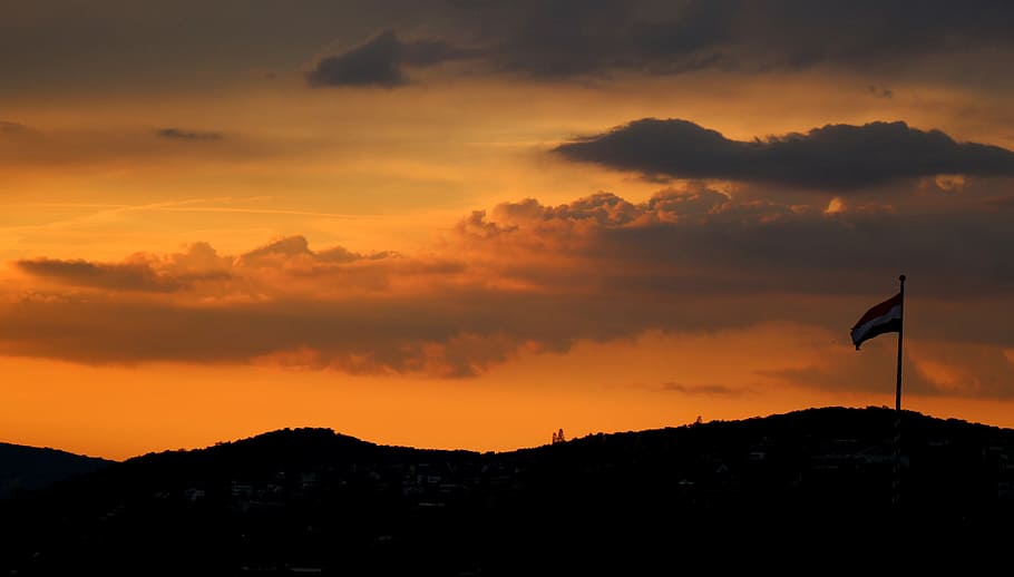 Hungarian Flag, Sunset, Clouds, buda hills, nature, sky, landscape, cloud - Sky, dusk, silhouette