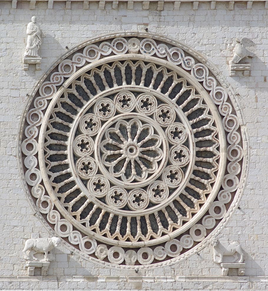 volta, concreto, decoração da parede do edifício, quatro, branco, estátuas, roseta, janela de rosa, Basílica de San Francesco, ornamento