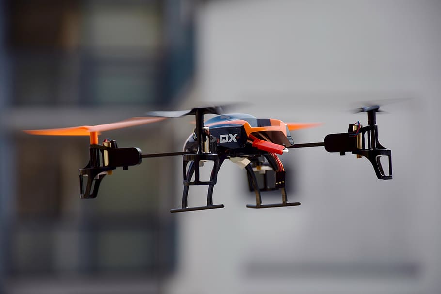 negro, naranja, quadcopter, volador, dron, rc, blade 180 qx hd, quadrocopter, juguetes, rotores