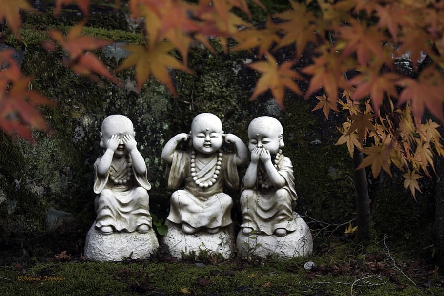 See No Evil, Small, Statues, Expression, small statues, religion, statue, spirituality, buddhism, sculpture