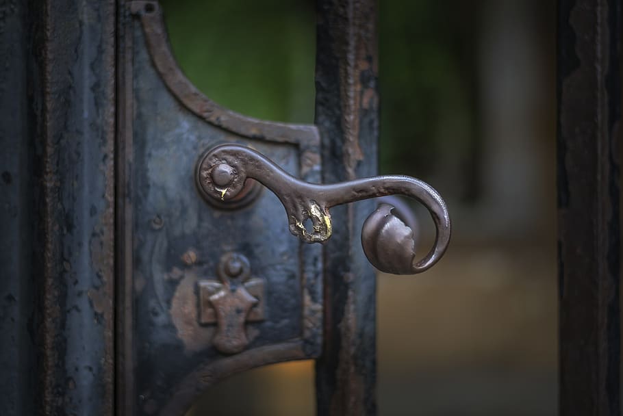 handle, gate, old, entrance, door, steel, closed, rust, protection, retro