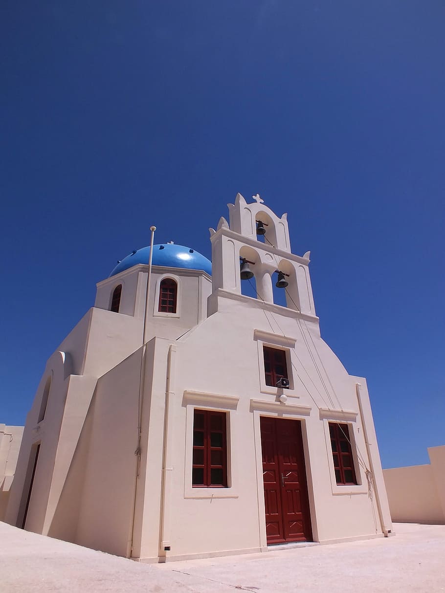 church, sea, greece, built structure, architecture, sky, building exterior, blue, building, low angle view