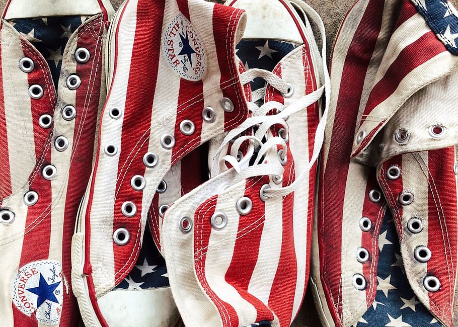 converse, chucks, sneakers, stars and stripes, footwear, aged, backgrounds, full frame, pattern, red