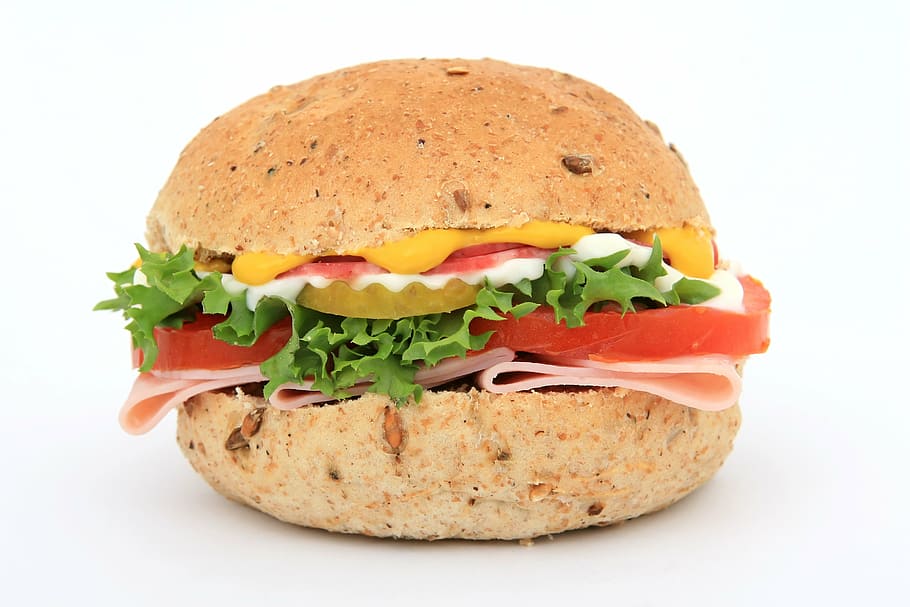 hamburguesa, queso, vegetales, pan, marrón, bollo, calorías, primer plano, color, delicioso