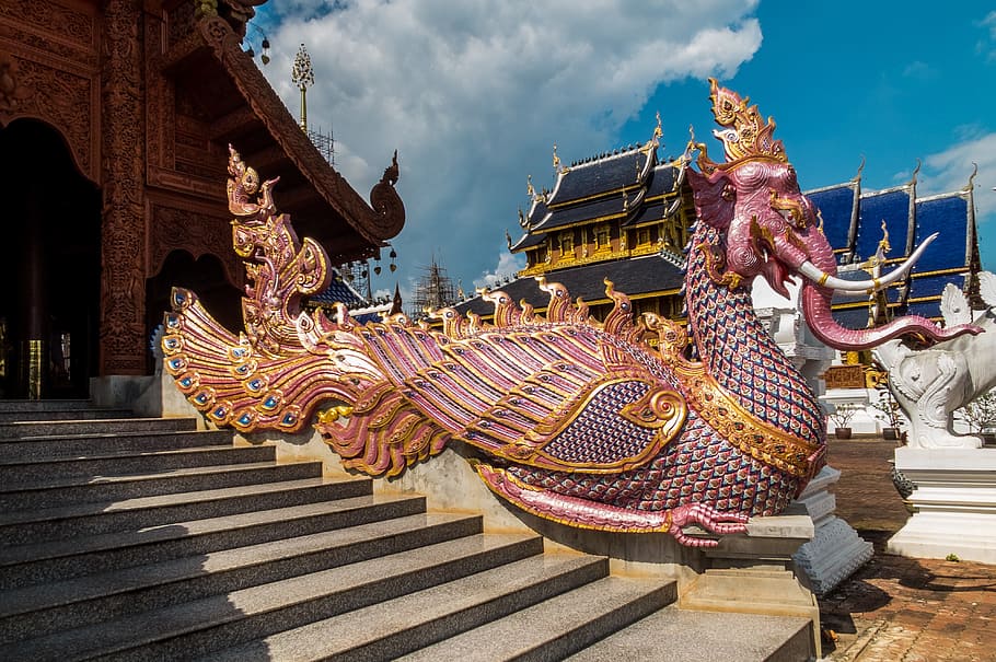 Temple, Complex, Dragon Snake, Sculpture, temple complex, north thailand, animal representation, travel destinations, dragon, architecture