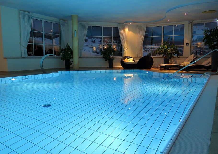 indoor, below-ground, swimming, pool, blue, lights, nighttime, water, swim, swimming-pool