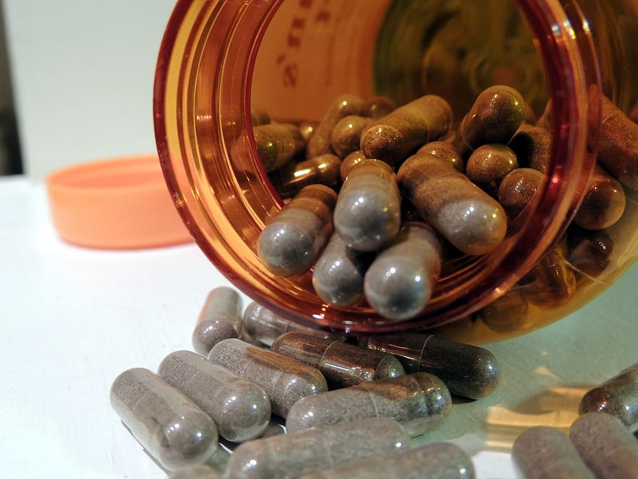 gray, medicine tablet, brown, glass jar, herbal, supplement, pill, medicine, bottle, macro