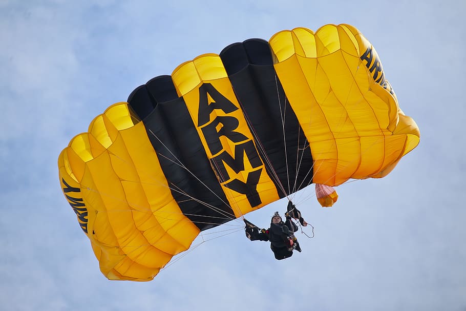 united states army parachute team, parachute, skydive, adventure, extreme sports, flying, yellow, mid-air, sky, leisure activity