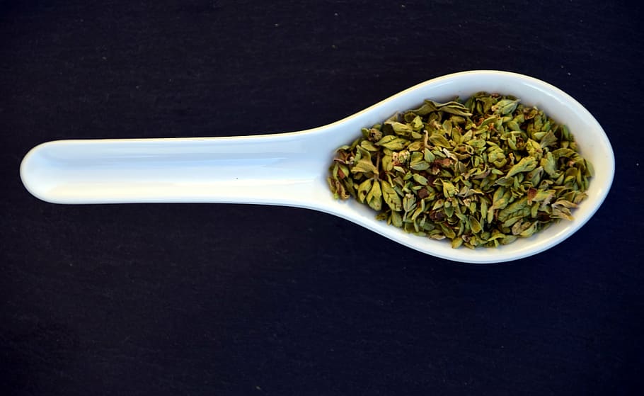 green, spice, white, cermic spoon, oregano, close, aromatic, fragrant, kitchen spice, herb