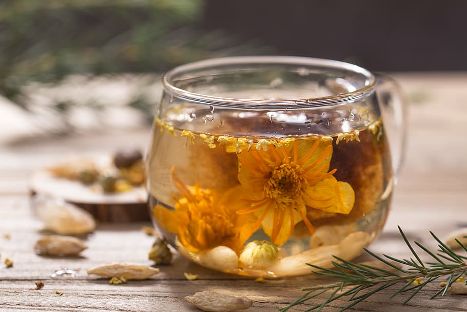 yellow, petaled flowers, placed, clear, glass teacup, filled, white, liquid, yun niang fresh in mind, jasmine tea