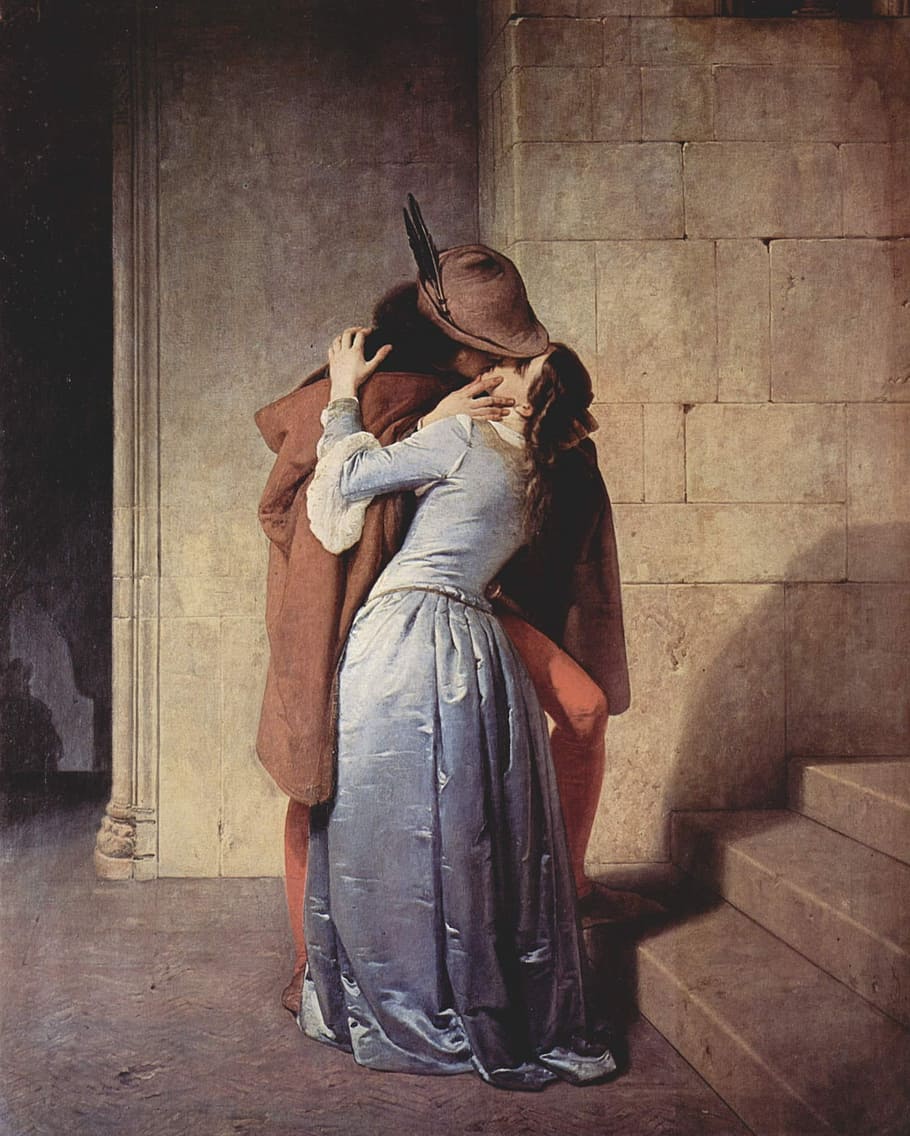 man, woman, kissing, staircase painting, man and woman, painting, kiss, francesco hayez, pair, couple