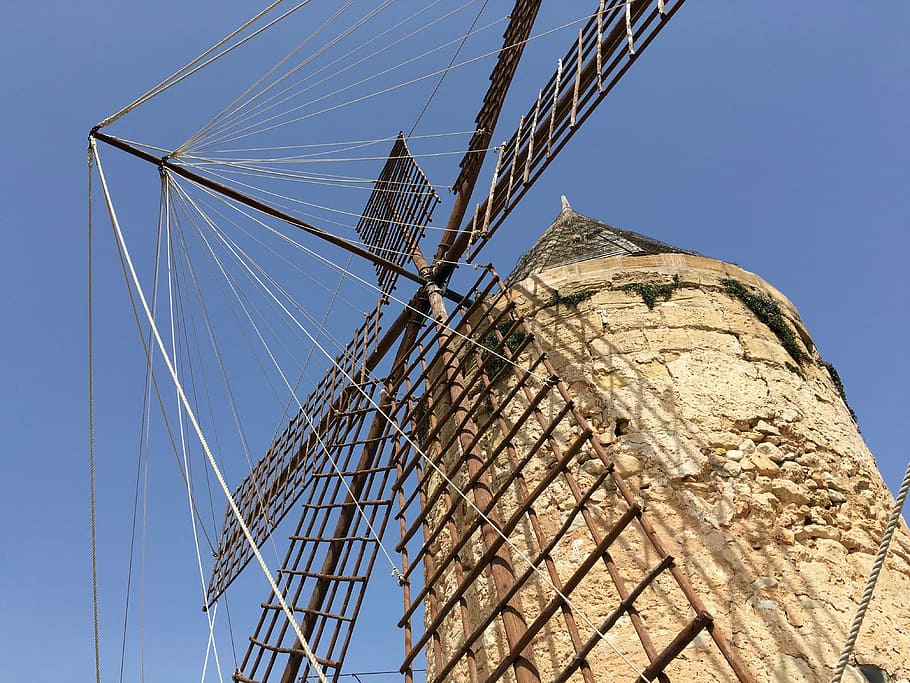 mill, mallorca, wing, windmill, old mill, mediterranean, wind power, building, sailboat, clear sky