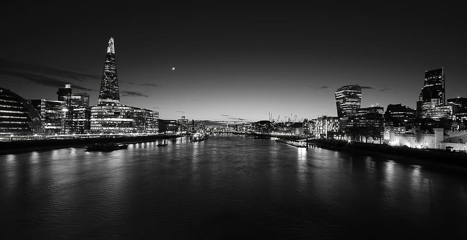 cities, scape, calm, body, water, night time, gray, scale, building, river