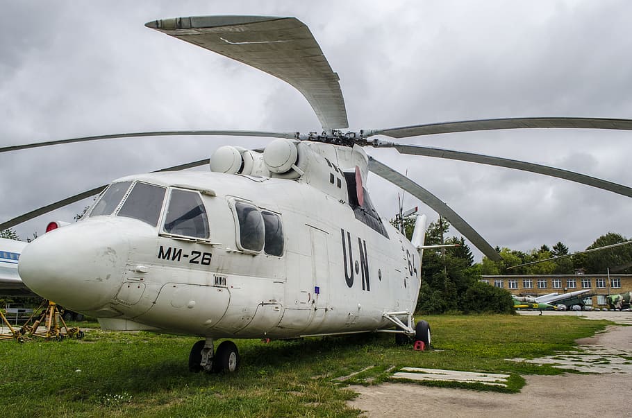 helicopter, transport, mi-26, un, white, museum, exhibit, military, attribute, fly