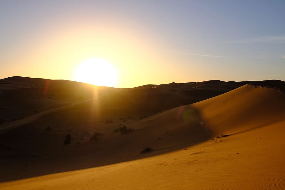 desert, sunset, dawn, landscape, sand, sunrise, sahara, morocco, dunes, sun