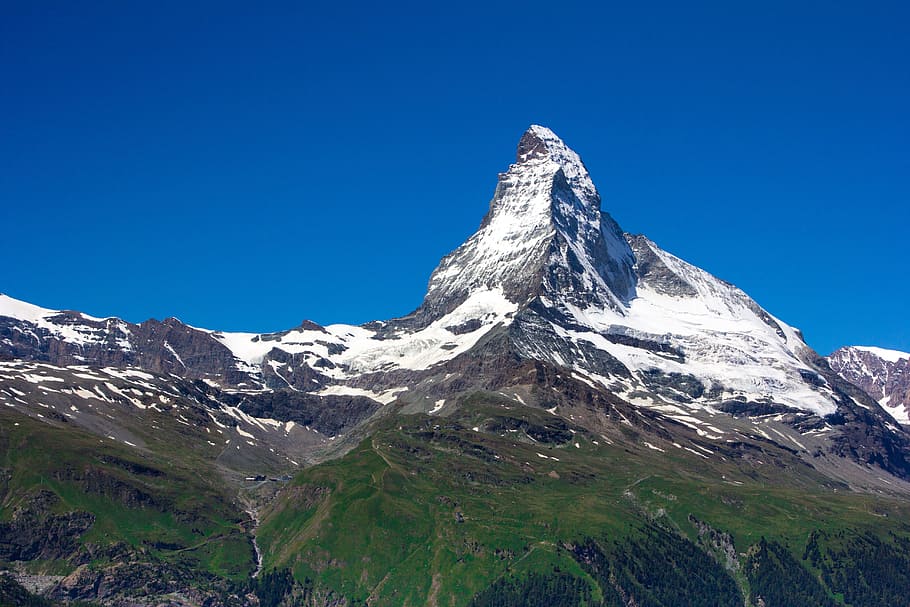 montaña, Suiza, Alpes, paisaje, cielo azul, laderas, azul, nieve, pico solitario, naturaleza
