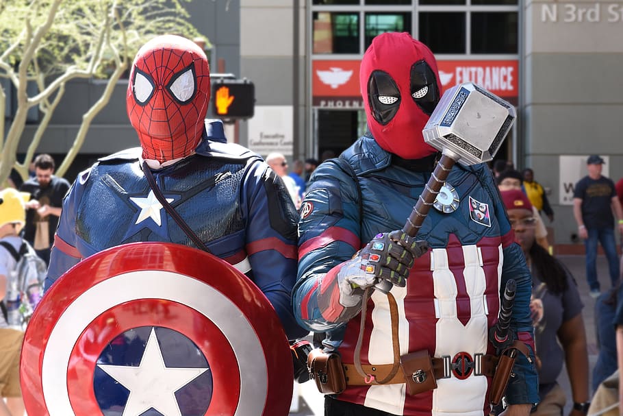 Capitán América, Deadpool, Spider-Man, Cosplay, Marvel, cómics, máscara, fantasía, héroes, disfraz