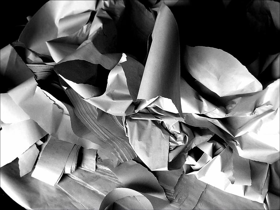 bundle, crumpled, paper, shredded, shredder, document, recycling, trash, waste, shredding