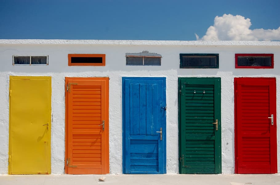 yellow, orange, blue, green, red, wooden, doors, closed door, color, cabin