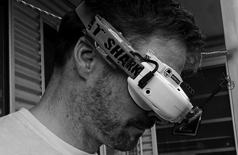 grayscale photo, man, wearing, fpv drone goggles, Headset, Fpv, Goggles, Flight, Drone, virtual