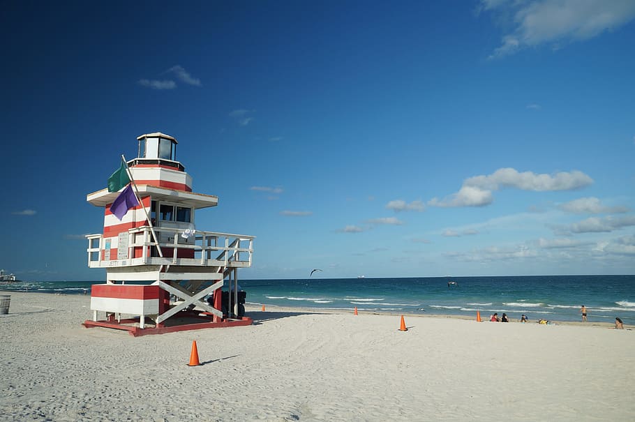 branco, laranja, pintado, cabine de salva-vidas, beira-mar, Miami, Flórida, Miami Beach, EUA, praia