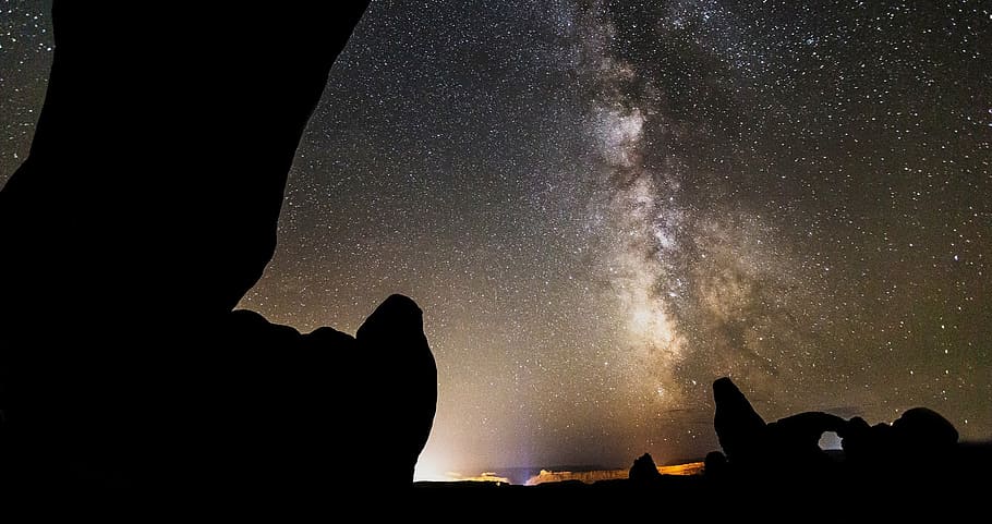 stars, cloudless, night, arch, stone, starry, rock, lights, geology, astronomy