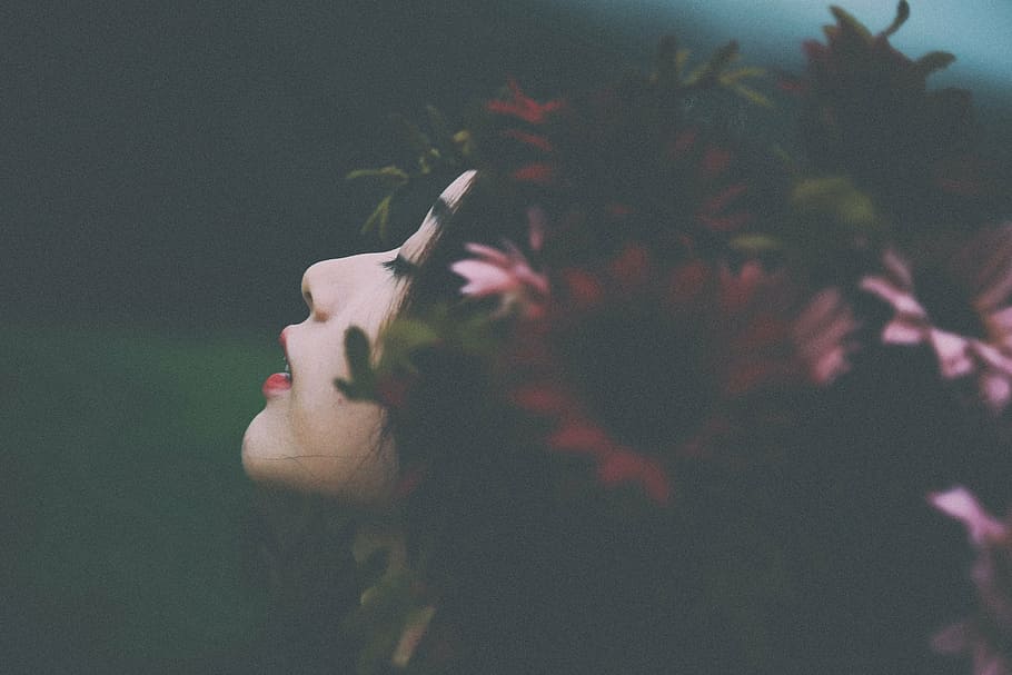 woman hair, flowers, people, woman, beauty, flower, red, petals, nature, autumn