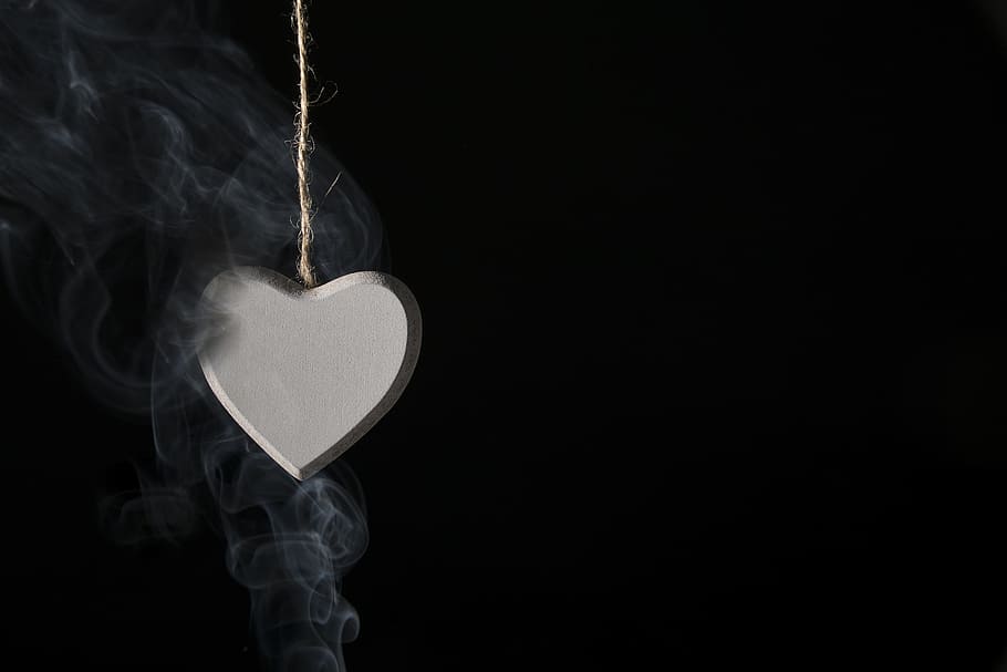silver-colored heart pendant, black, smoke, love, heart, valentine's day, romanticism, feeling, black background, heart shape