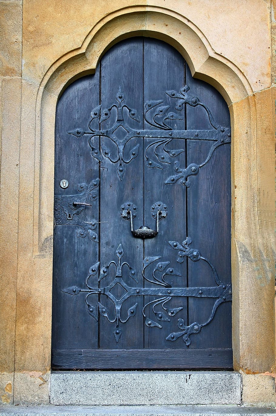 closed, black, wooden, door, brown, doort, old, stone, wood, house entrance
