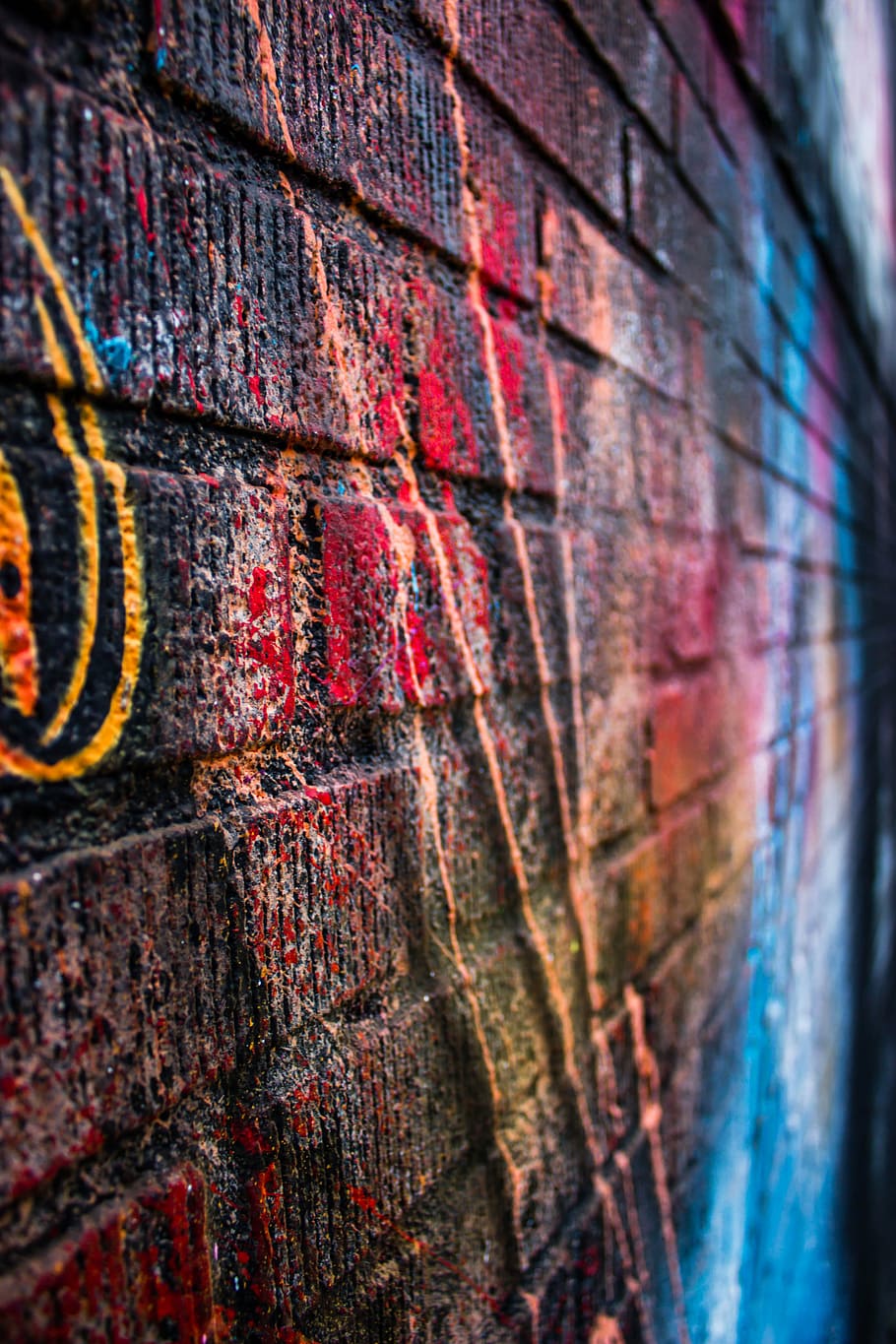brown, brick wall, graffitis, closeup, graffiti, street, art, colors, colours, wall