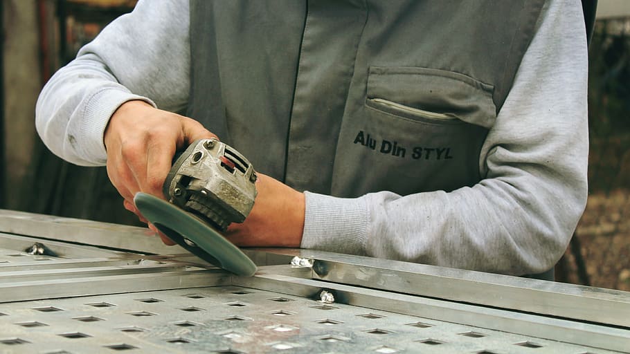 man, holding, gray, cordless, angle grinder, grinder, tools, worker, machine, construction