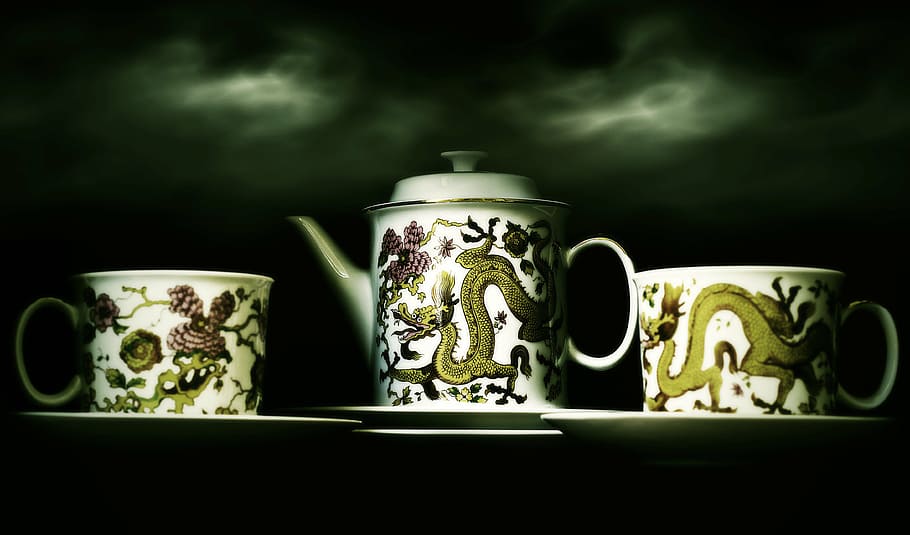 branco, marrom, teaset com impressão de dragão, chinês, vaso, cerâmica, raro, antiguidade, chá, fundo