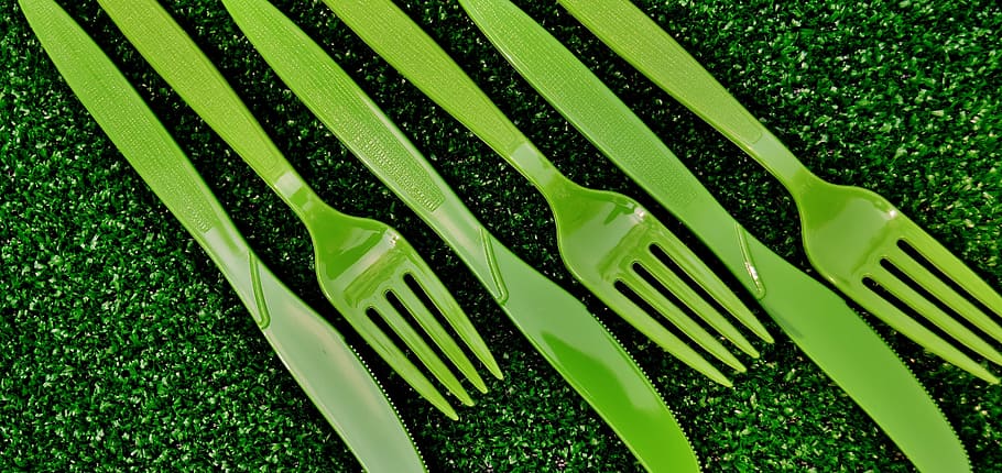 three, green, plastic forks, bread knives, cutlery, one way, plastic, fork, knife, picnic