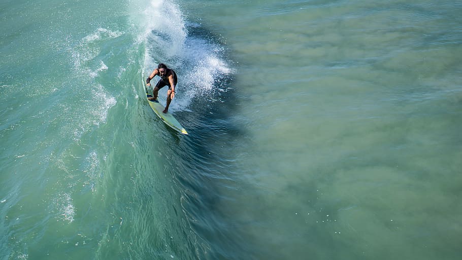 aerial, photography, man surfing ocean wave, daytime, surfer, wave, ocean, surf, surfing, water