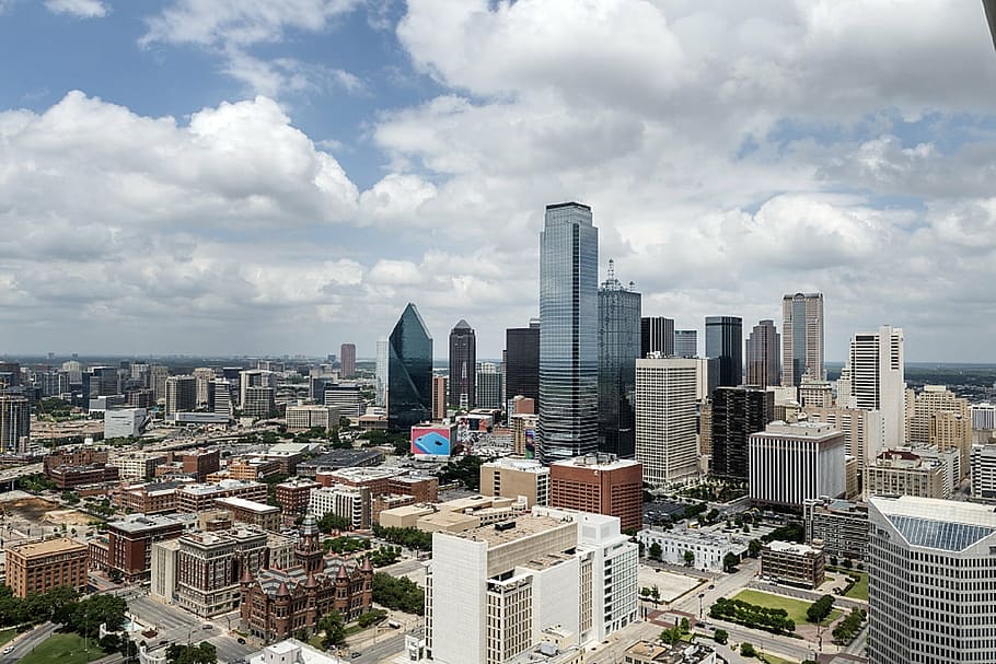 aerial, photograph, cityscape, dallas, skyline, downtown, urban, skyscrapers, tower, architecture